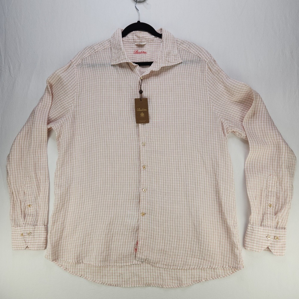 Stenstroms Dress Shirt Mens Sz XXLโ Light Pink Plaid Linen Button Down Slimline